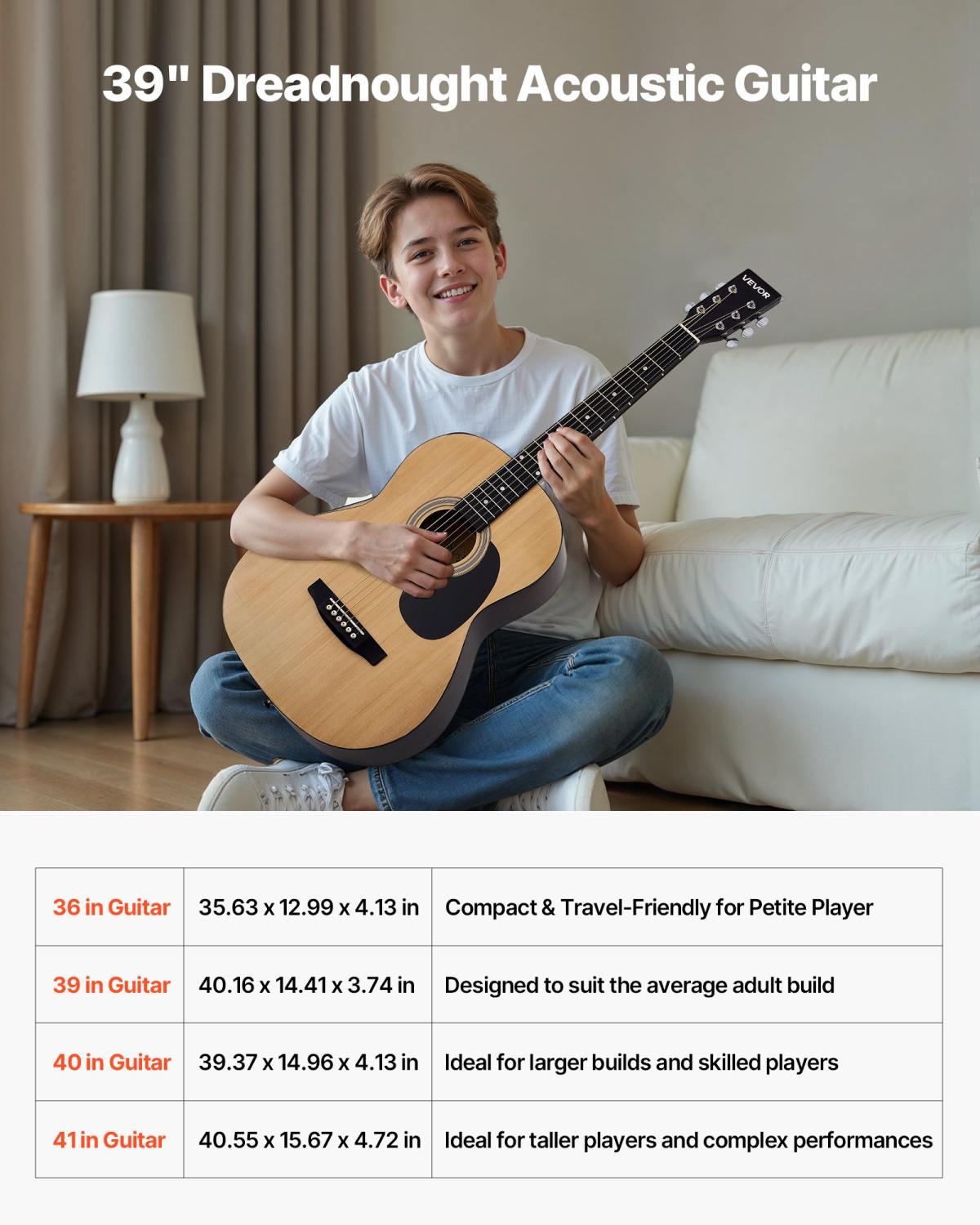 Dreadnought Acoustic Guitar, 39 In, 6-String Natural Solid Spruce Top Guitar, Portable Bundle With Gig Bag, Tuner, Strap, Steel Strings, Picks, Capo, Rosewood Fingerboard, For Beginner Adults