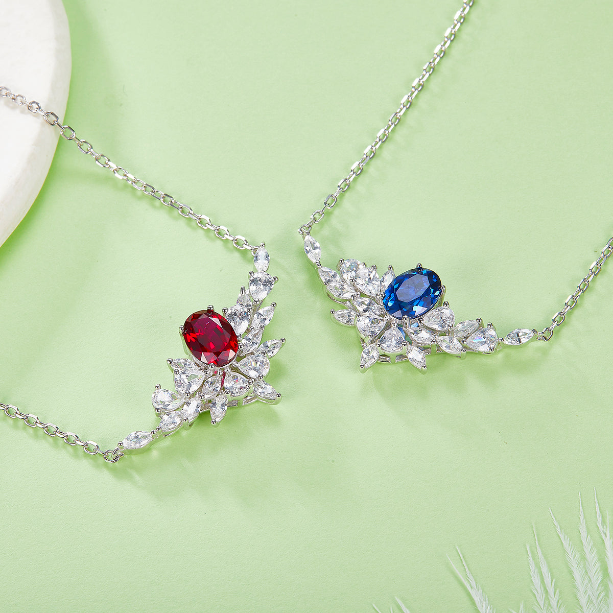 S925 Sterling Silver Lab-Grown Ruby Sapphire Necklace, 8x6mm Oval With Marquise Cluster, Platinum Plated 40&45cm Chain, 5g, Gift Box