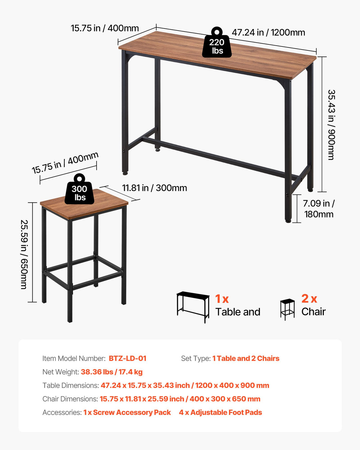 Bar Table, 3PCS 47″ Bars Tables Set, Bar Tables And Chair Set With Rounded Edge Design, Rectangular Pub Table With Two Stools For Office Desk, Breakfast Corner, Mini Bars, Rustic Brown, Black