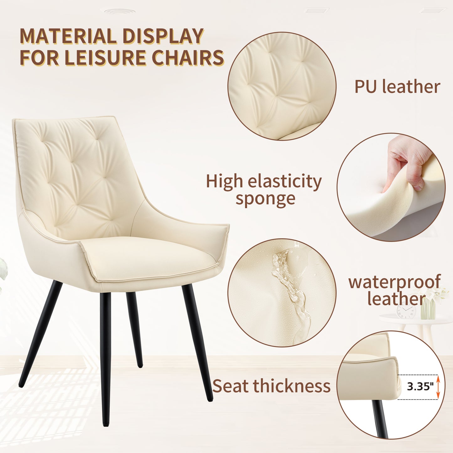 Dining Chairs Set Of 2, Off White Faux Leather Dining Room Chair, Metal Kitchen Chairs With Gold Mesh Texture And Black Sanded Legs, Flat Back Upholstered Chair Off White, Set Of 2