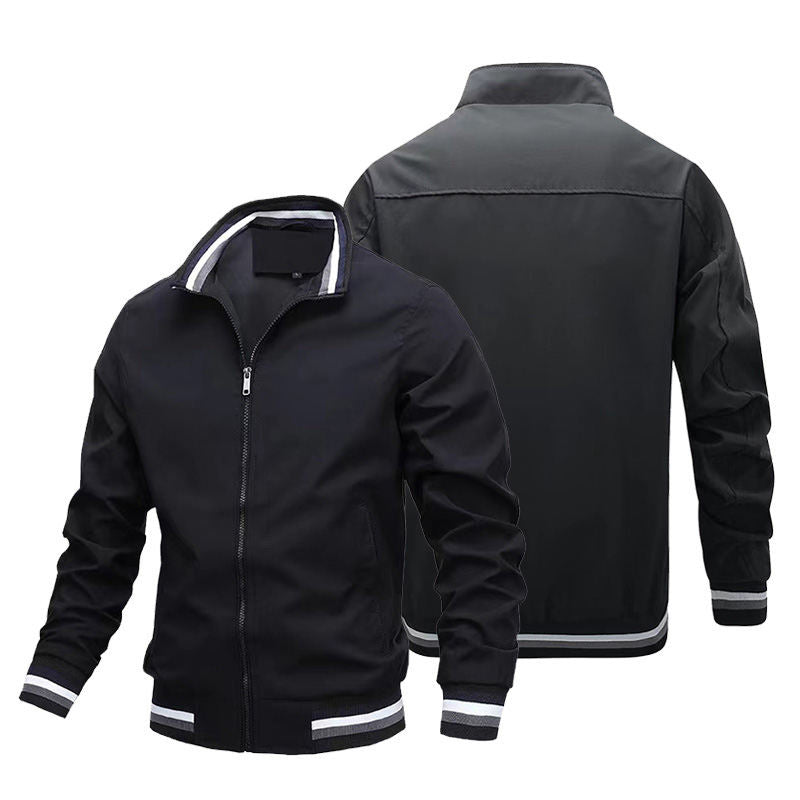 2026 New Men Striped Rib Stand Collar Bomber Jacket Solid Black Zip Up Lightweight Windbreaker Striped Cuff Hem Casual Baseball Coat Outdoor Daily Streetwear Outerwear