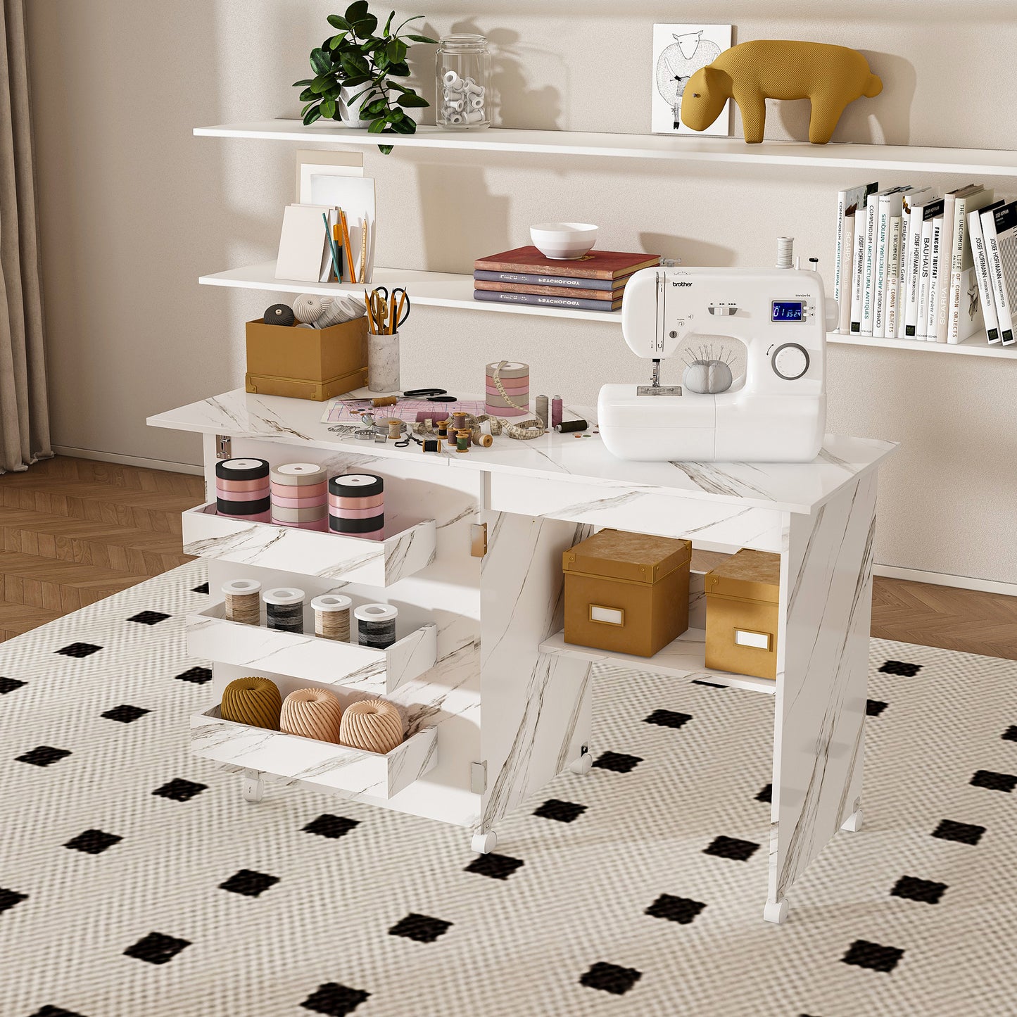 4-in-1 Folding Sewing Table With Lockable Wheels - Multi-Functional Craft Station End Table Computer Desk & Kitchen Storage With Shelves White Rolling Sewing Machine Table For Apartments