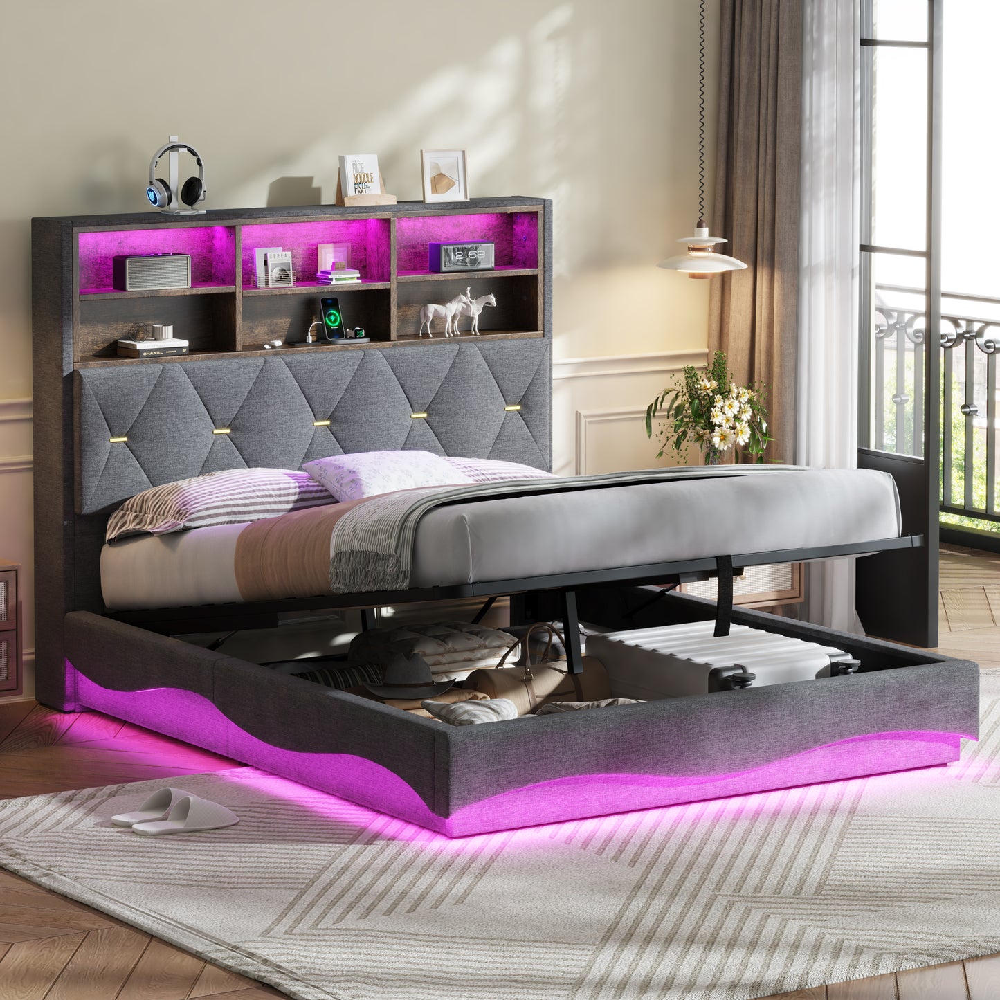 4ft6 Double Upholstered Bed Frame With Hydraulic Storage, Wavy LED Heightened Headboard With Charging Station, USB And Type - C Ports, Linen, No Box Spring Needed, Grey No Mattress