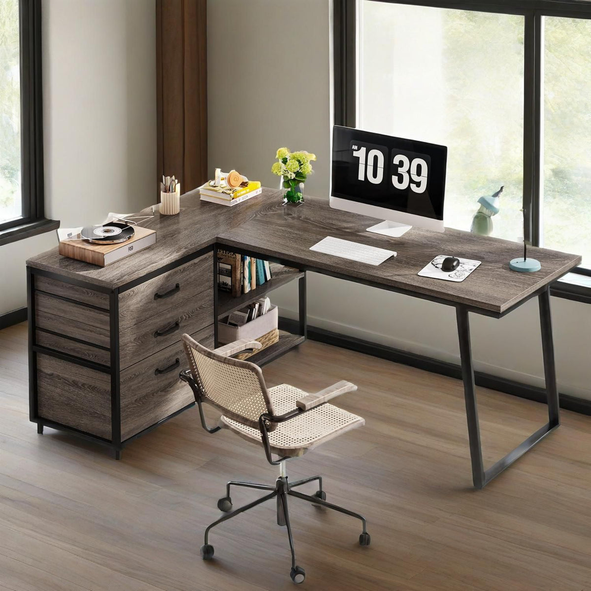 L-Shaped Desk With 3 Drawers, Reversible Corner Home Office Computer Desk With Shelves, 53-Inch Industrial PC Desk Study Writing Table Workstation