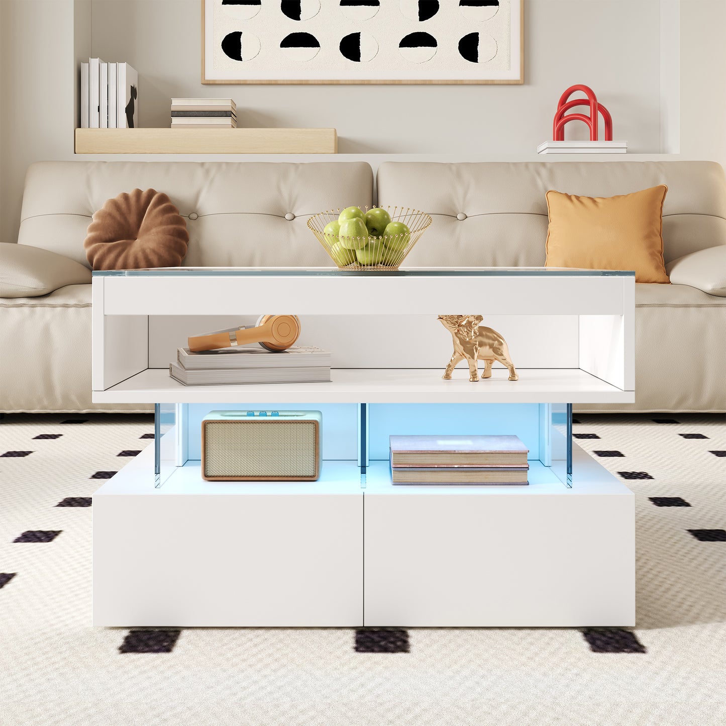 Height-adjustable Coffee Table For The Living Room With 16-color Lighting, Glass Top And Acrylic Supports.