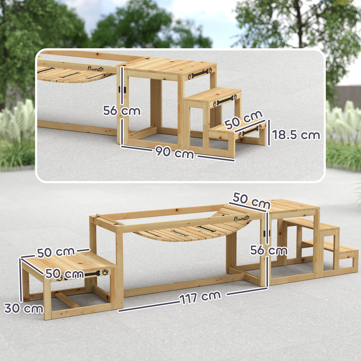 PawHut 3 Pieces Wooden Dog Agility Training Equipment With Soft Bridge, Pause Platform And Pet Stair For Outdoor, Natural Wood