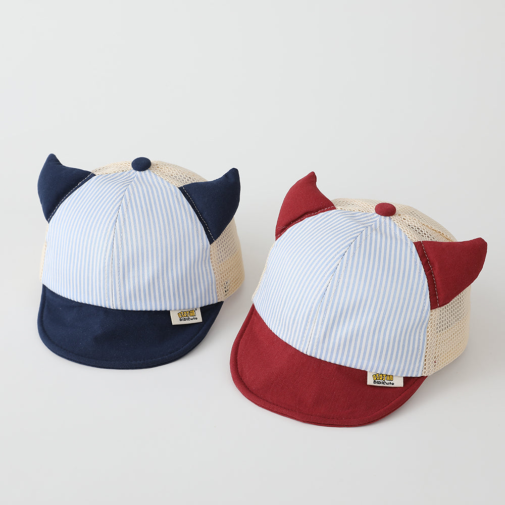 Children's Vertical Stripe Demon Horn Mesh Baseball Cap For Outdoor Picnics, Family Outings, Soft Brim, Sun Protection, Baby Hat