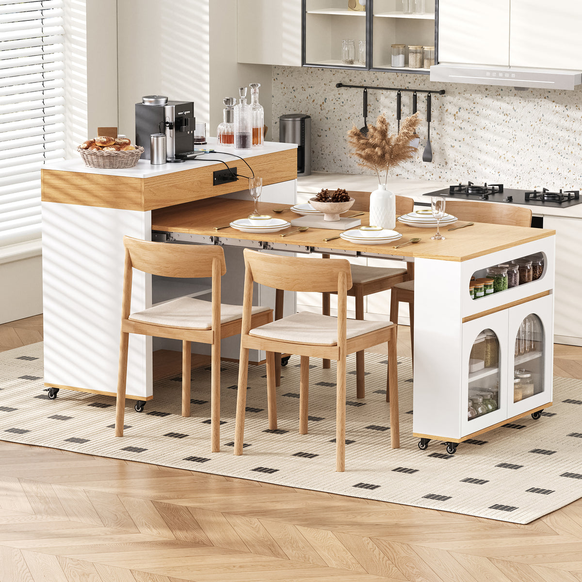 TREXM Extendable Dining Table With Extra-Long Folding Top Rolling Kitchen Island With Drawers Power Outlet And Brake Lock Storage Cabinet For Kitchen And Dining Room Natural Creamy White