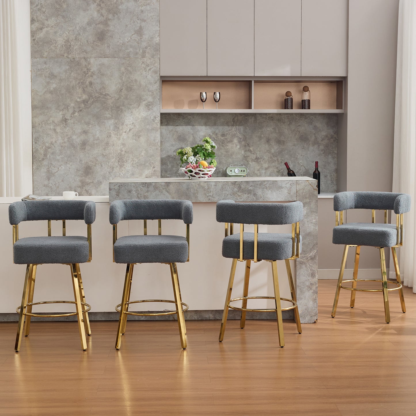 TS Modern Decorative Chair, Living Room Side Chair With Gold Metal Legs, No Wheels, Suitable For Dressing Area, Reception Room, Office,Teddy Fleece Upholstered Metal Foot Bar Chairs 2PC Gray