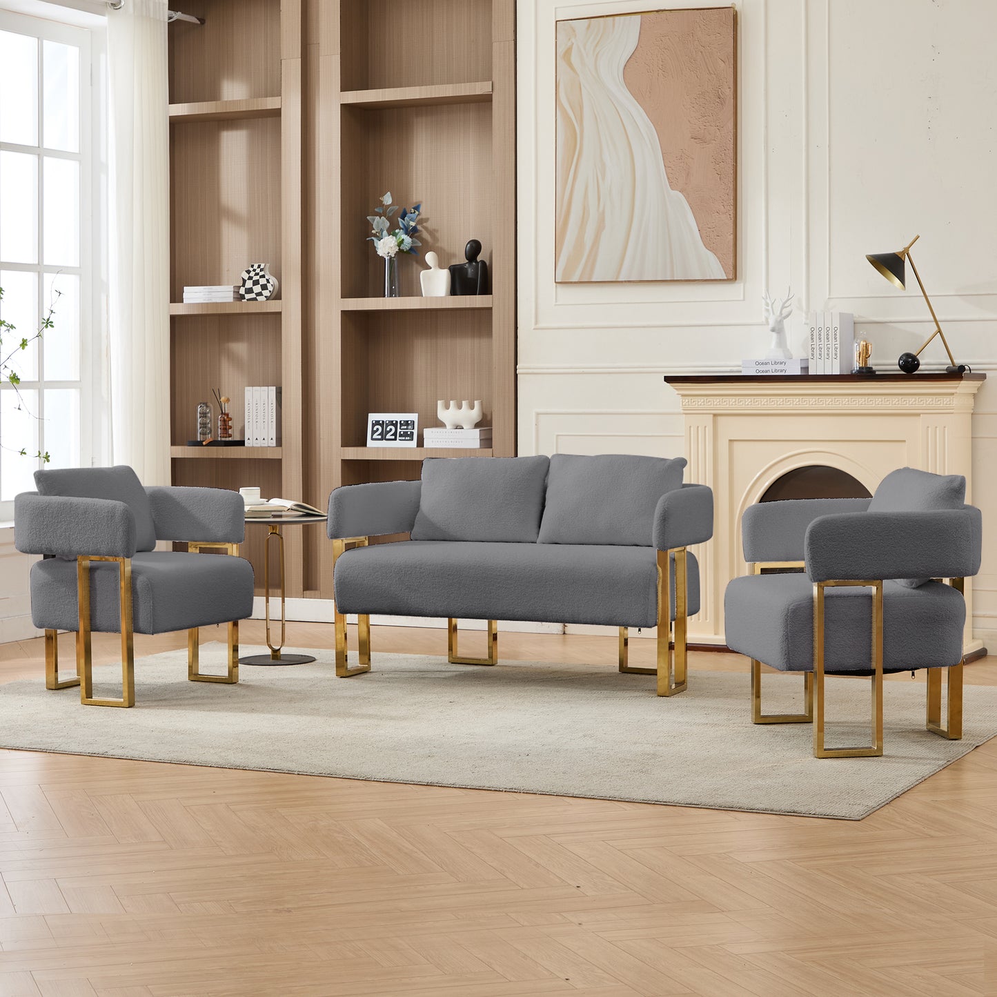 TS Modern Decorative Chair, Living Room Side Chair With Gold Metal Legs, No Wheels, Suitable For Dressing Area, Reception Room, Office,Teddy Fleece Upholstered Metal Foot Sofas Grey Combo Set