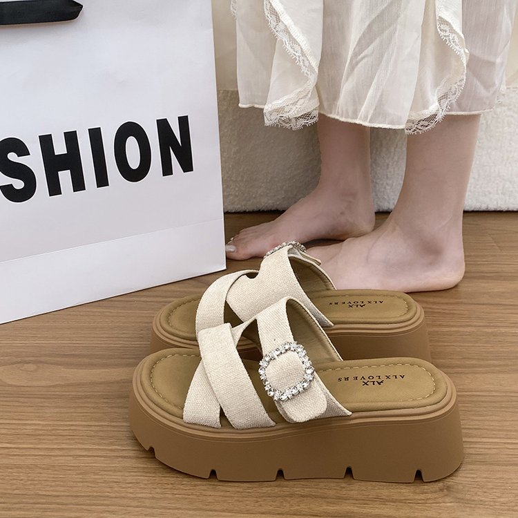 Thick Soled Sandals For Women In Summer, Retro Boken One Line Drag, Sponge Cake Beach Sandals For Outdoor Wear