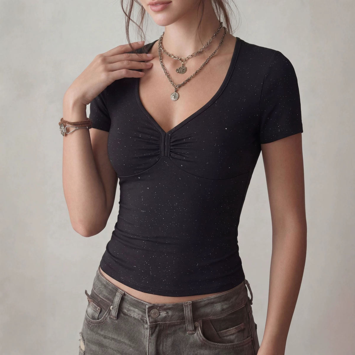Sexy V-neck Fashion Silver-sequined Short-sleeve T-shirt Top