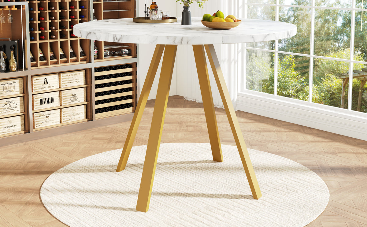 Round Dining Table 80x80x75cm , Kitchen Dining Table, Round Coffee Table For 4 People, Suitable For Dining Room, Living Room, Metal Table Legs, White Marble Pattern And Golden Table Legs