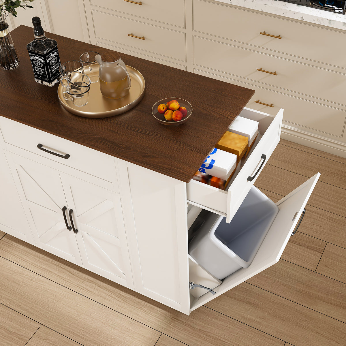 46 Kitchen Island On Wheels With Storage & Power Outlet - Movable Rustic Breakfast Bar Table Wood Top With Adjustable Shelf & Drawer For Kitchen Dining Living Room White