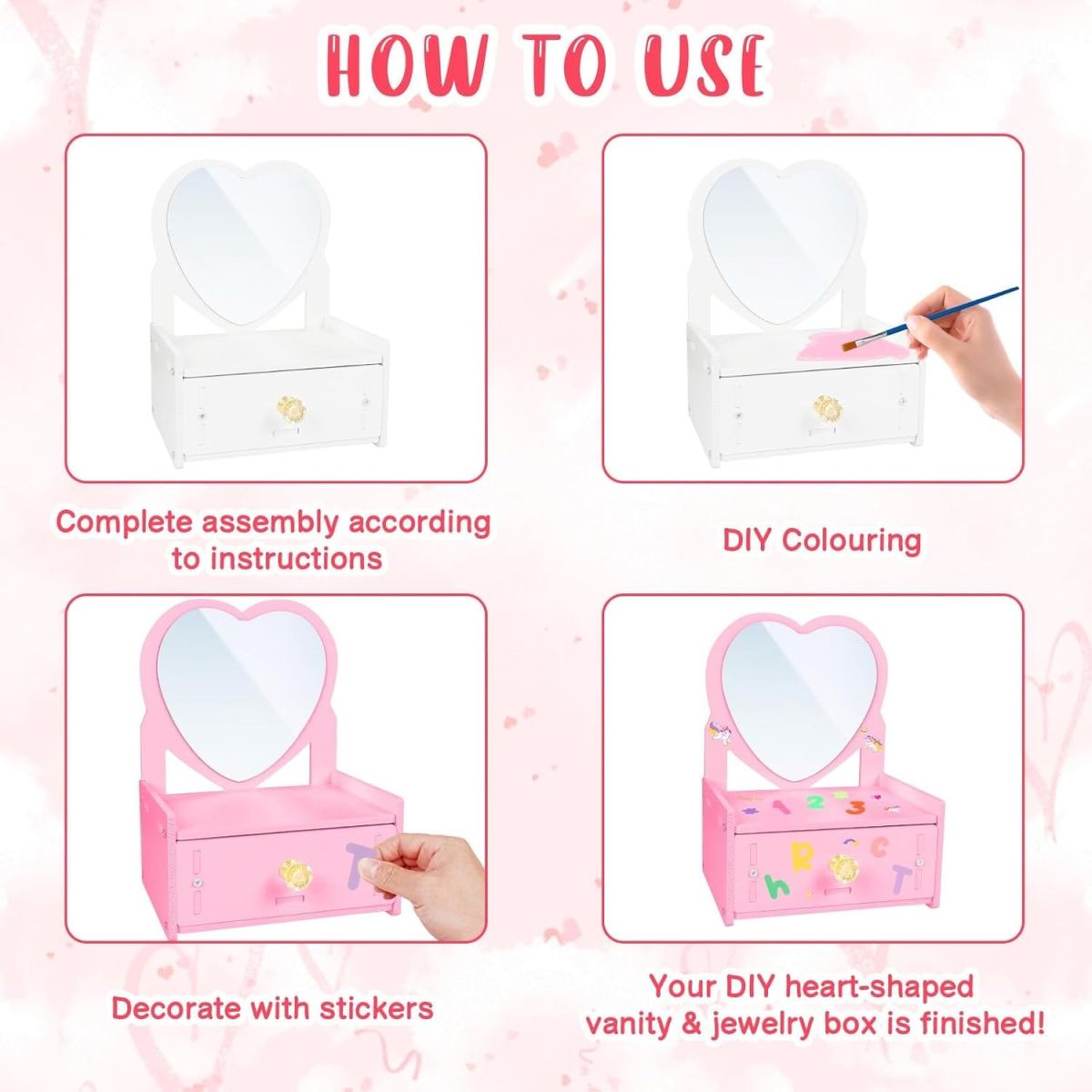 Jewelry Box Craft Set: Heart-Shaped Makeup Case For DIY Crafts, Wooden Craft Sets, Fun Wooden Creative Gifts With Unicorn Stickers For Birthday Presents