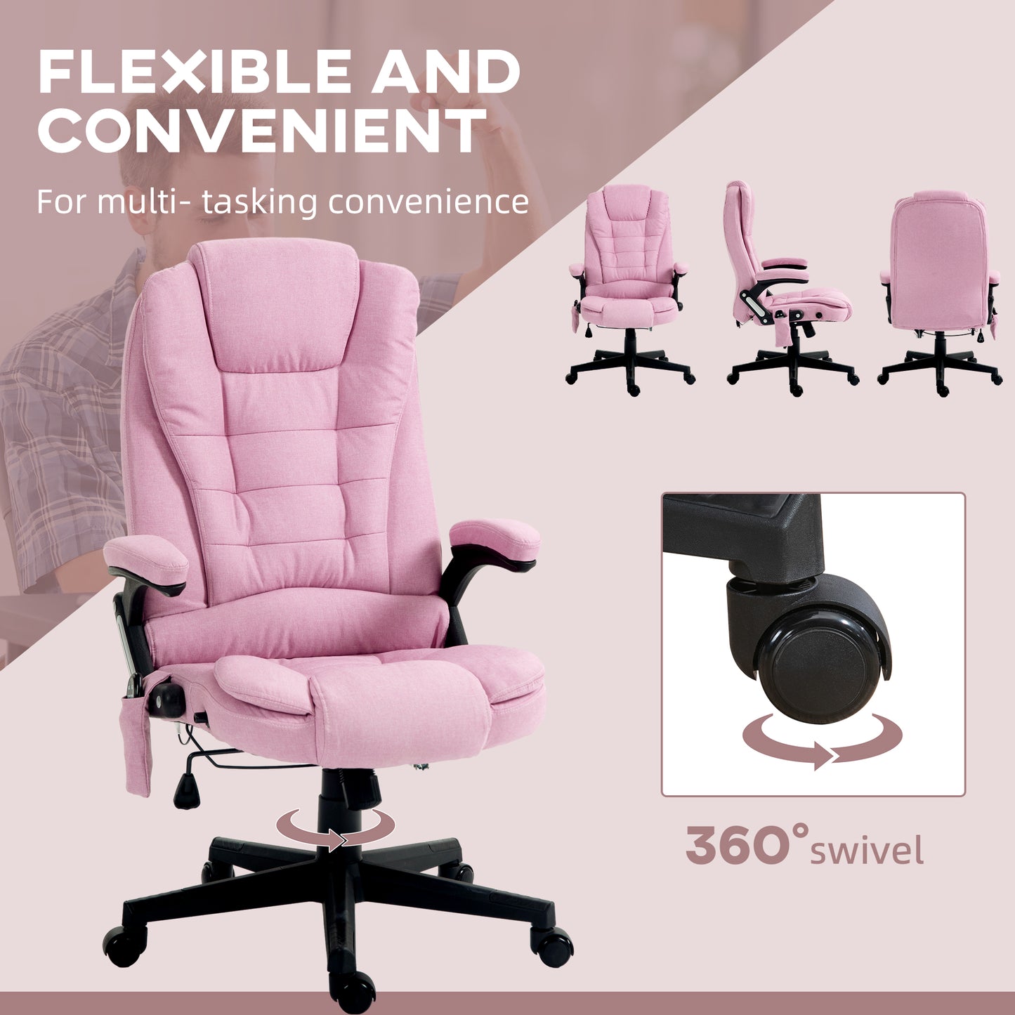 6 Point Vibrating Massage Office Chair with Heat, Linen High Back Massage Desk Chair with Reclining Backrest, Pink