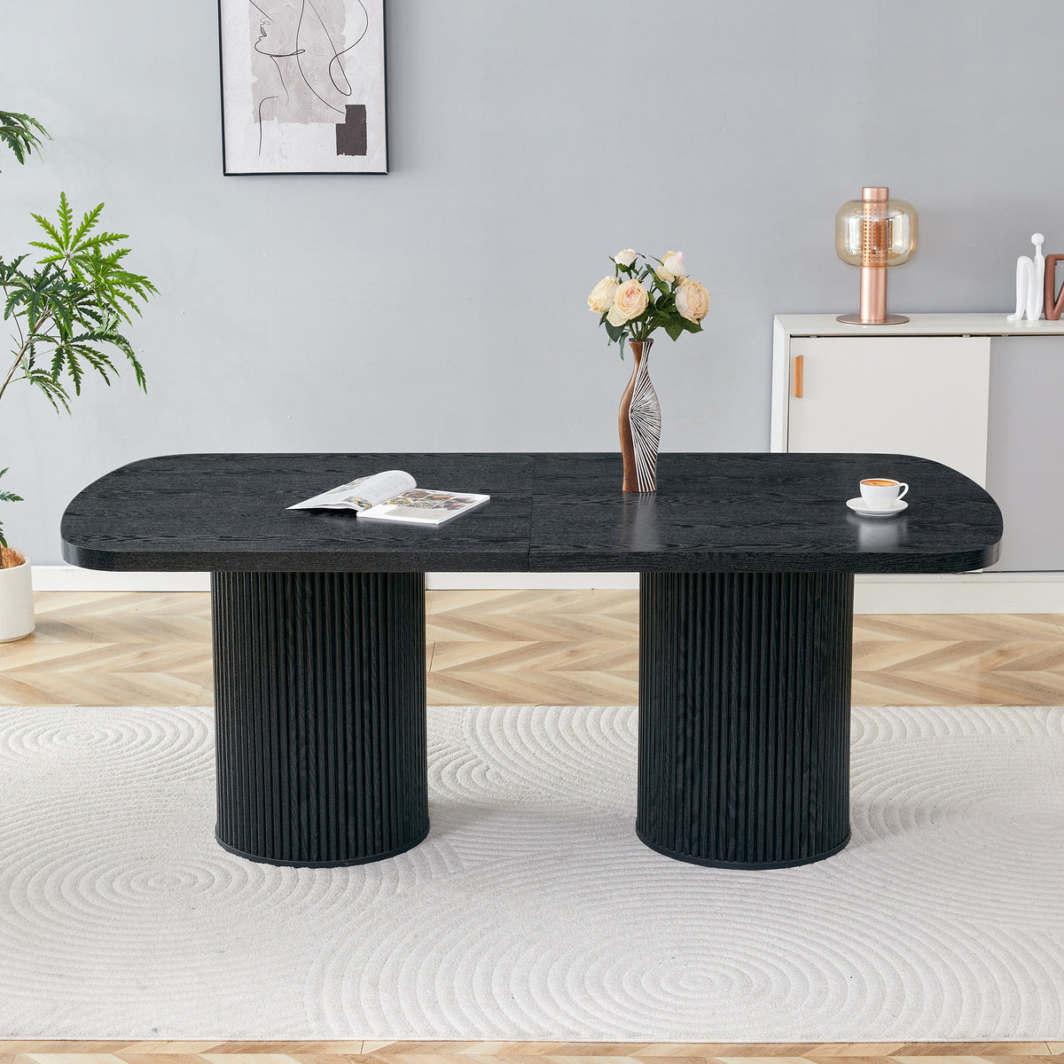 Modern Oval Dining Table With Fluted Column Base, High-quality MDF Surface In Wood Look, In Wabi-sabi And Mid-century Style For The Home Kitchen