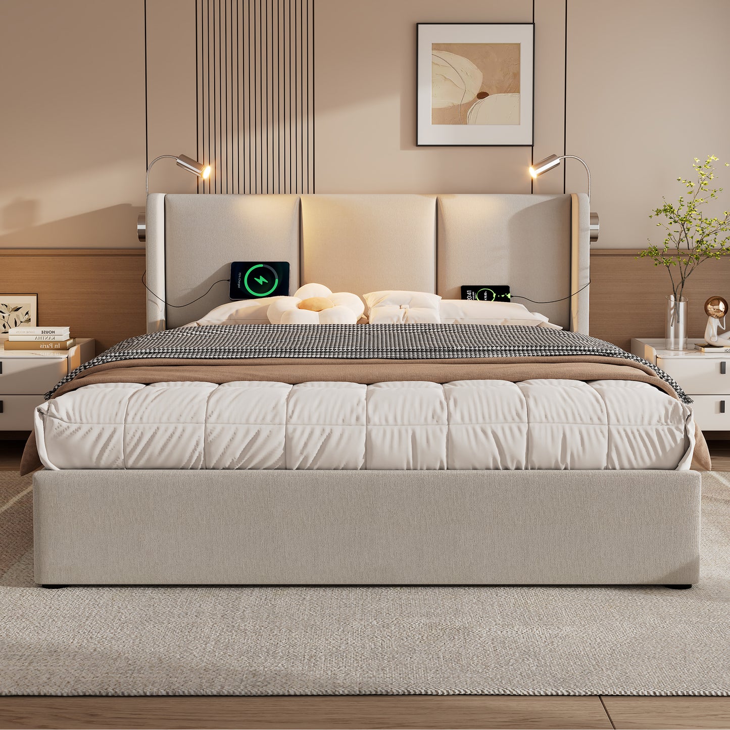 Upholstered Bed Double Bed Storage Storage Storage Reading Light With USB Charging Function Headboard, Storage Beds Bed Frame Made Of Linen Material Youth Bed 140x200 With Slatted Base Without Mattre