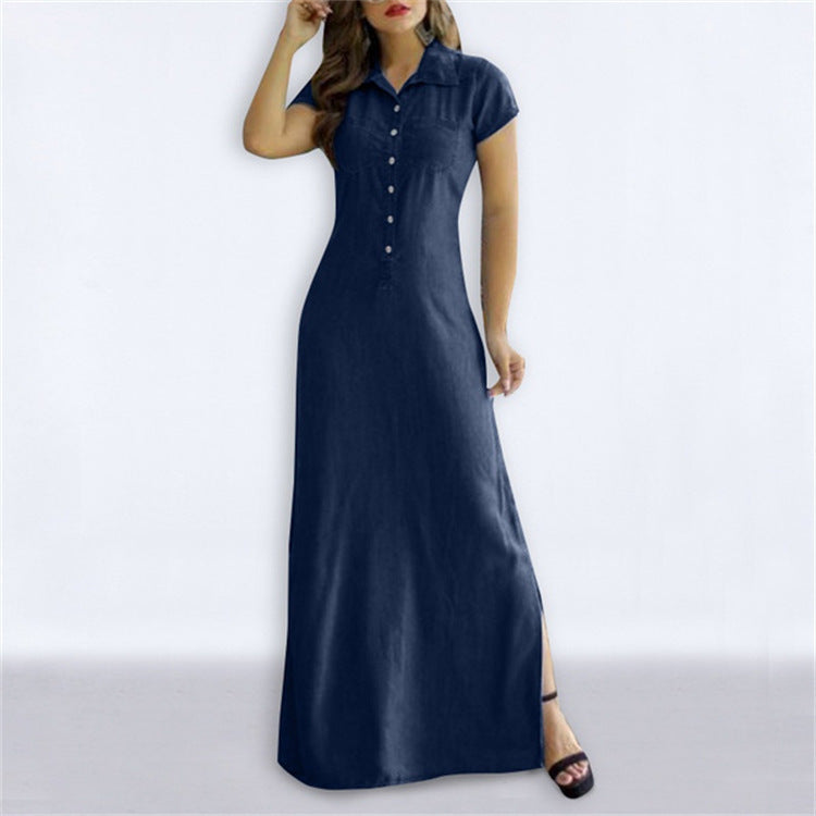 Women's Denim Look Turn Down Collar Short Sleeve Button Front Maxi Dress, Casual A-Line Long Dress For Daily & Office