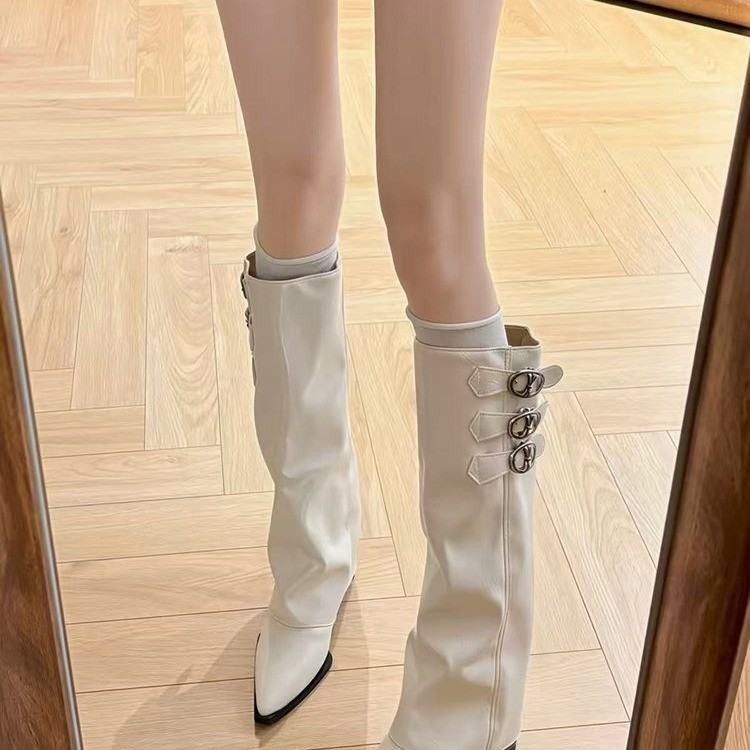 French Pointed Toe Inner Height Knight Boots, Strap Long Shaft Boots, Wedge Pull-On Pants Boots, Autumn Winter Ultra High Heel Over-the-Knee Fashion Boots
