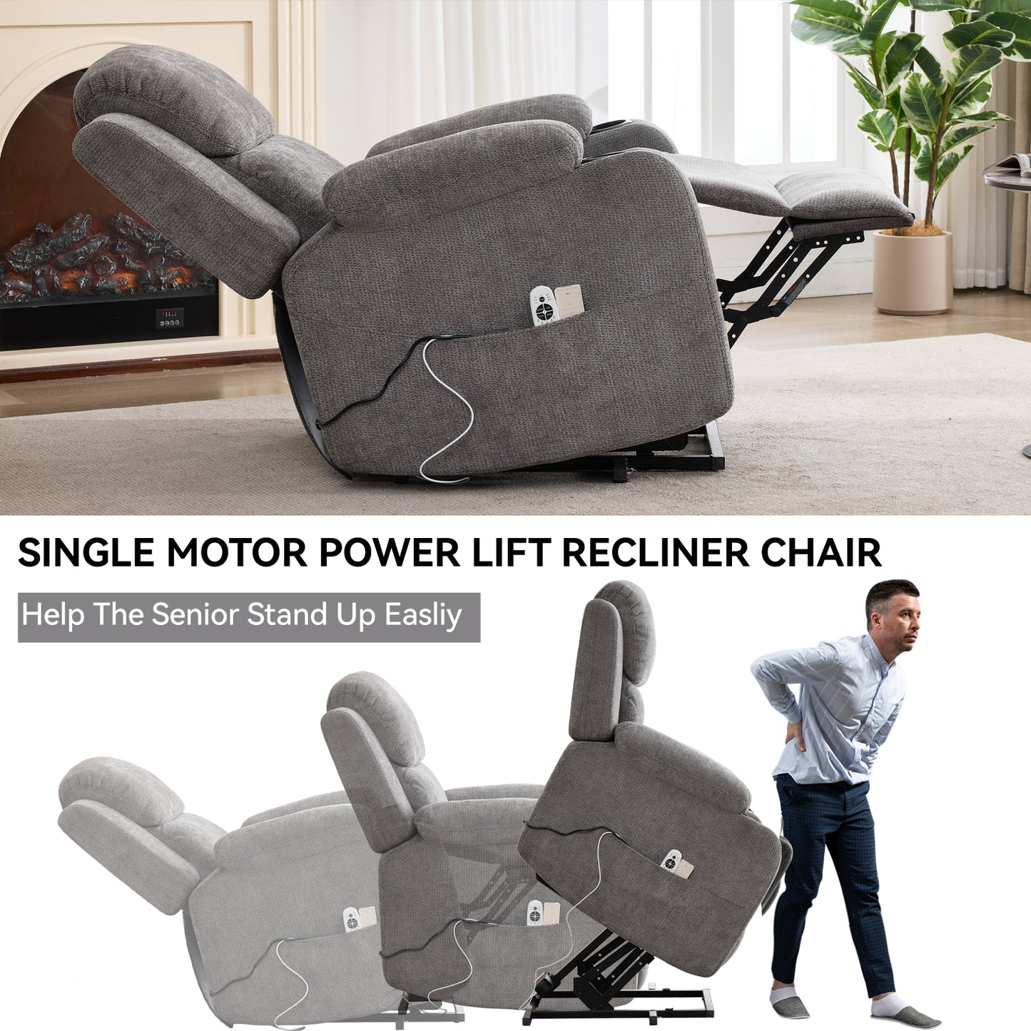 Infinite Position Single Motor Up To 350 LBS Power Lift Recliner Chair For Elderly, Heavy Duty Motion Mechanism With 8-Point Vibration Massage And Lumbar Heating, Cup Holders, Grey