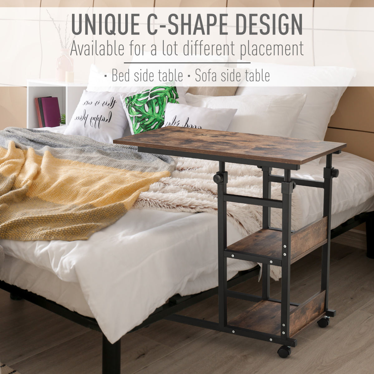Industrial C-Shaped Mobile Rolling Sofa Side Table With 3-Tier Storage Shelving, Adjustable Height, & Wheels