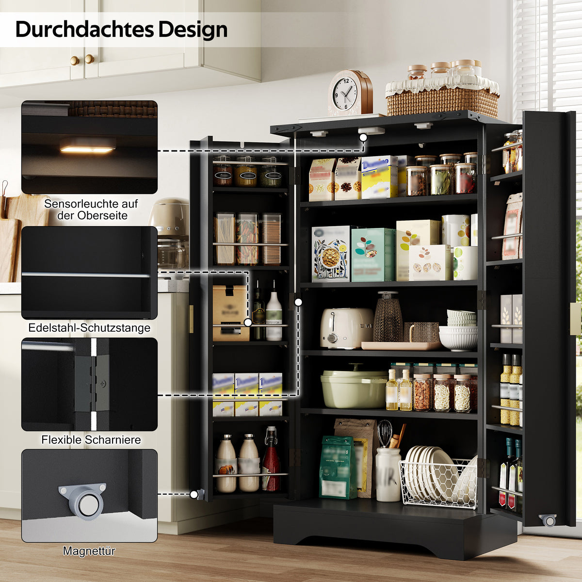 Kitchen Cabinet With LED Sensor Light And Spice Rack, Generous Double Door Cabinet With Adjustable Shelves And Modern Door Design Black, 120 X 60.5 X 40 Cm
