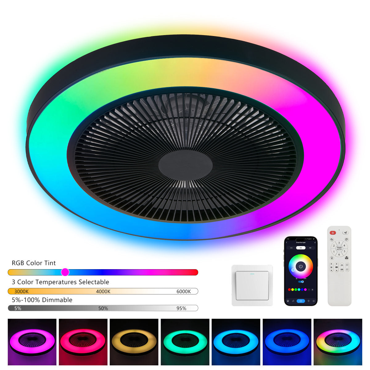 19-inch Black Ceiling Fan Light With LED RGB Dimmable Color-Changing, APP Remote Control, Modern Smart Ceiling Fan For Living Room, Bedroom, And Dining Room Silent 6-Speed Reversible DC Motor