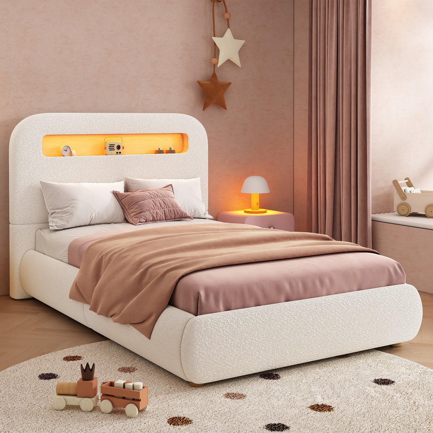 Upholstered Bed, Single Bed, Cot 90 X 200cm, Hydraulic Functional Bed, Bed With Slatted Base, Headboard And Large Storage Space, LED Lighting, Solid Wood Legs, White, Boucle