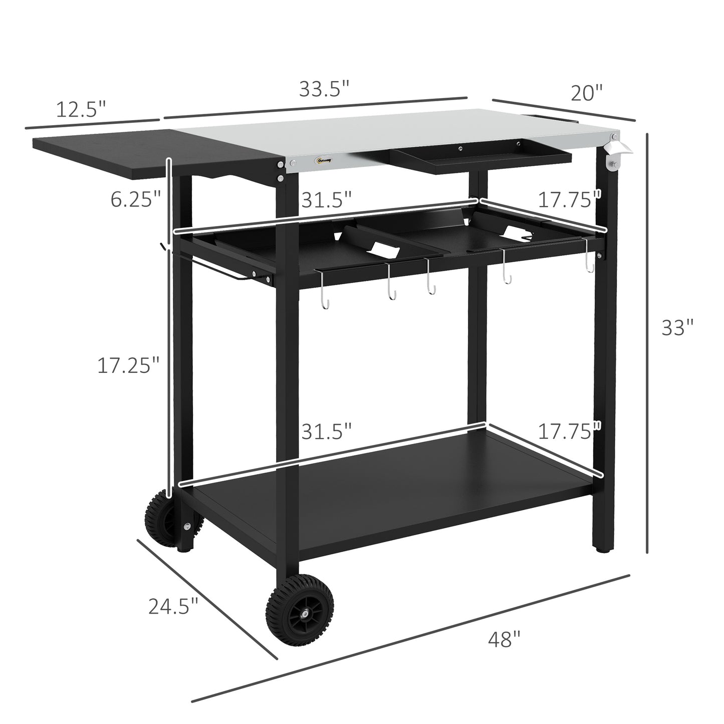 2-Tier Shelf Outdoor Bar Cart, Stainless Steel Tabletop Patio Serving Cart with Accessories for Poolside, Garden, Black