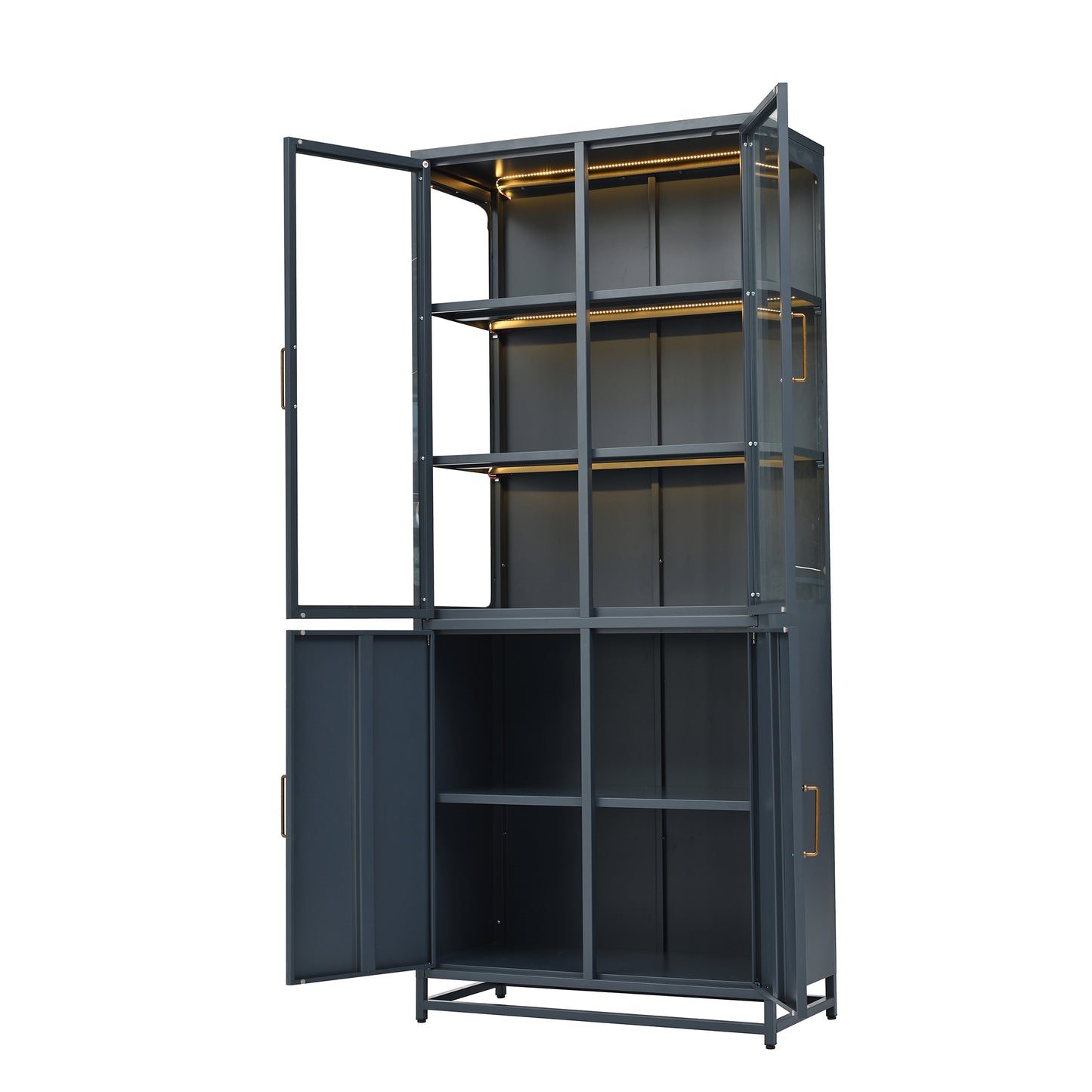76.75 Tall Display Cabinet, With Glass Doors And LED Lights, Steel Curio Cabinet With 3-Sided Glass, Pantry Cabinet With Storage For Hallways, Livingroom Kitchen Home Decor & Office - Dark Blue