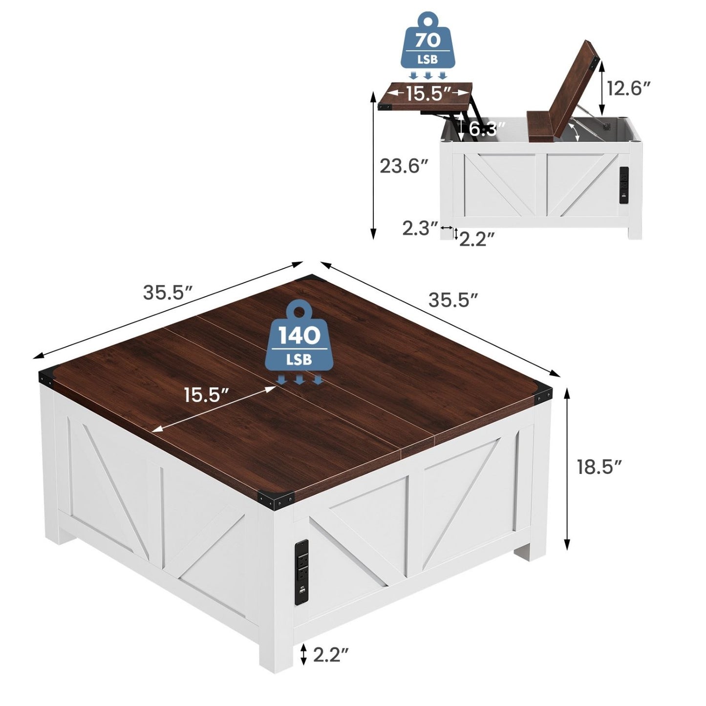 Lift Top Coffee Table With Storage And USB Charging Station, Square Center Table, Hidden Space For Living Room