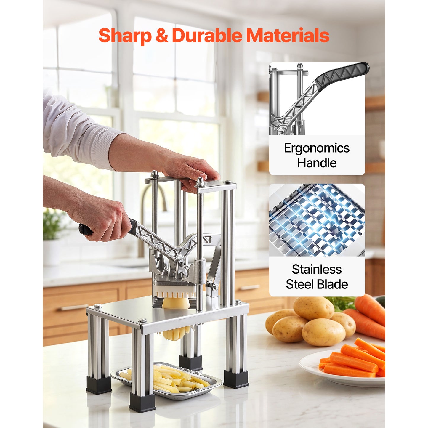 French Fry Cutter, Commercial Vegetable Chopper With 4 Blades (1/4", 3/8", 6-Wedge & Apple Corer), Stainless Steel Potato Slicer For Fries, Onion, Carrots, Lemon – Home & Restaurant Use