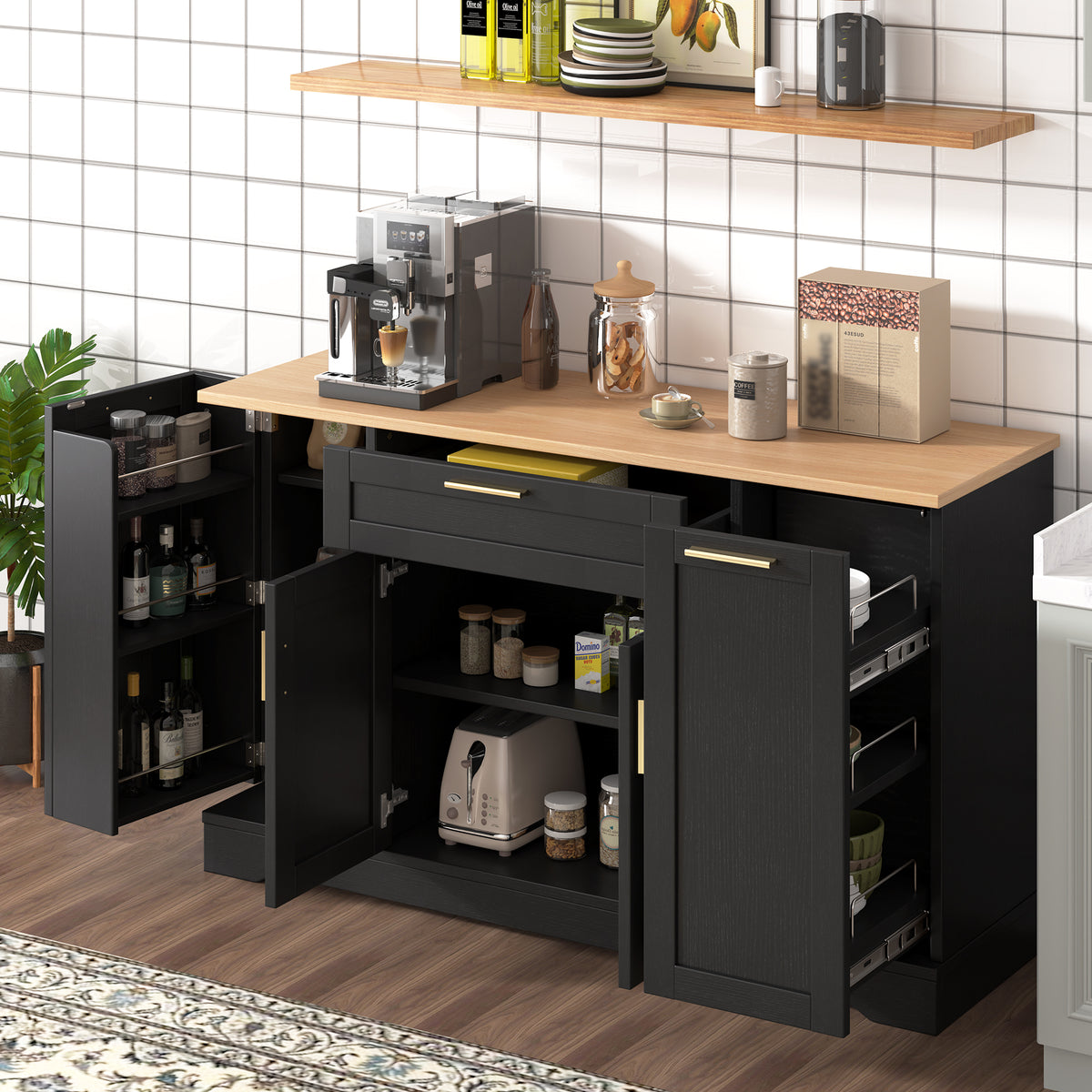 TREXM Multi-Functional Storage Sideboard Extendable Dining Table Adjustable Shelves 3-Tier Pull-Out Rack Kitchen Island Storage For Kitchen Dining Room Living Room Black