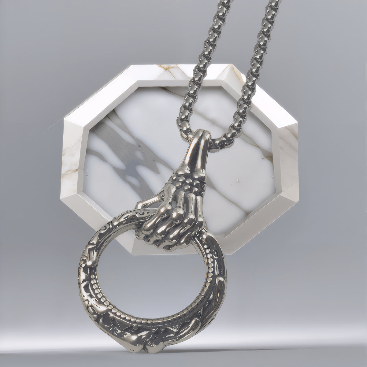 Antique Gothic Skeleton Hand Clutch Ring Pendant Necklace For Men, Copper Plated Silver Vintage Scroll Engraved Biker Punk Dark Style Jewelry Gift