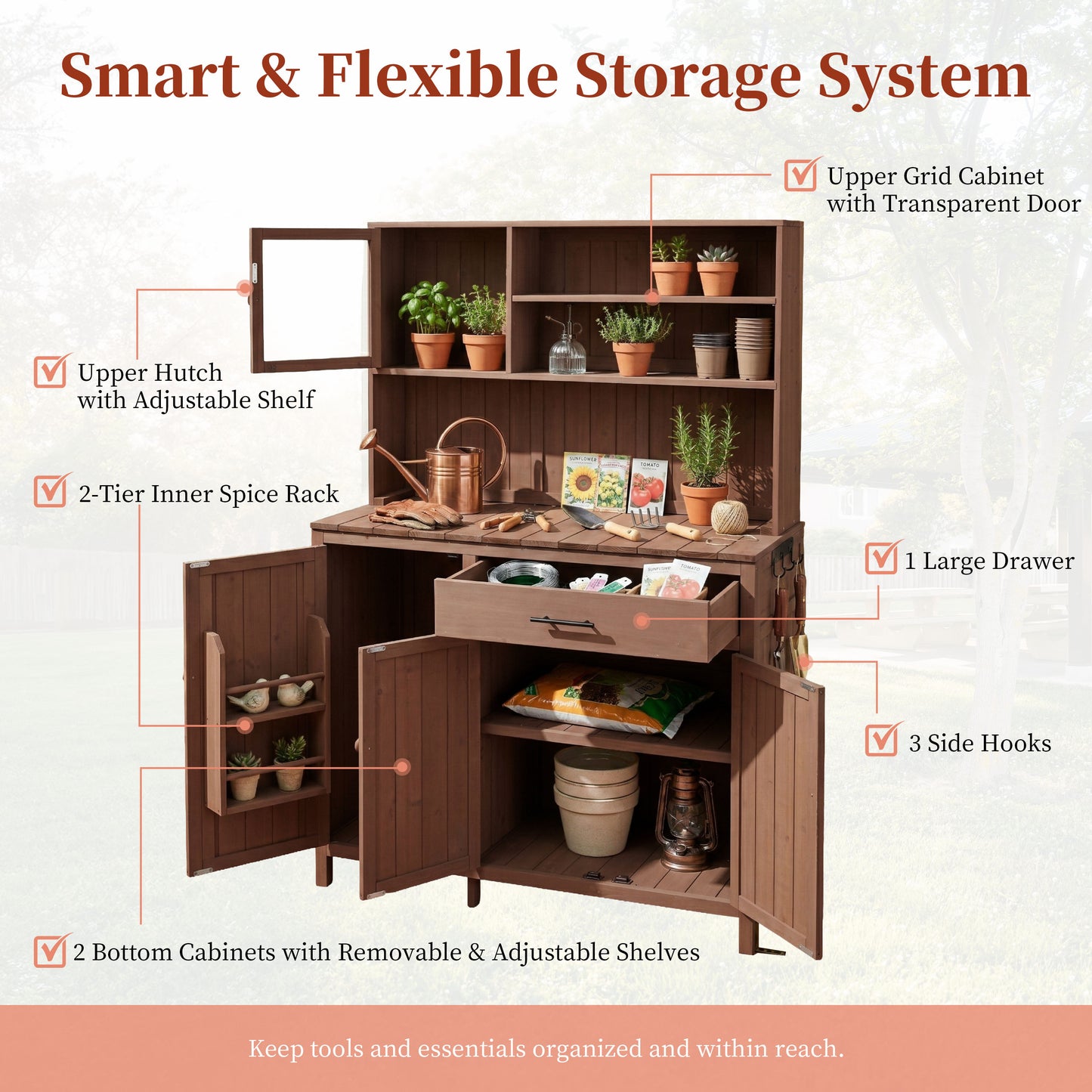 With Assembly Video TOPAMx Potting Bench With Hutch 65 H Solid Fir Wood Garden Workstation Large Countertop Patio Kitchen Island With Adjustable Shelves Spice Rack Side Hook And Drawer Brown