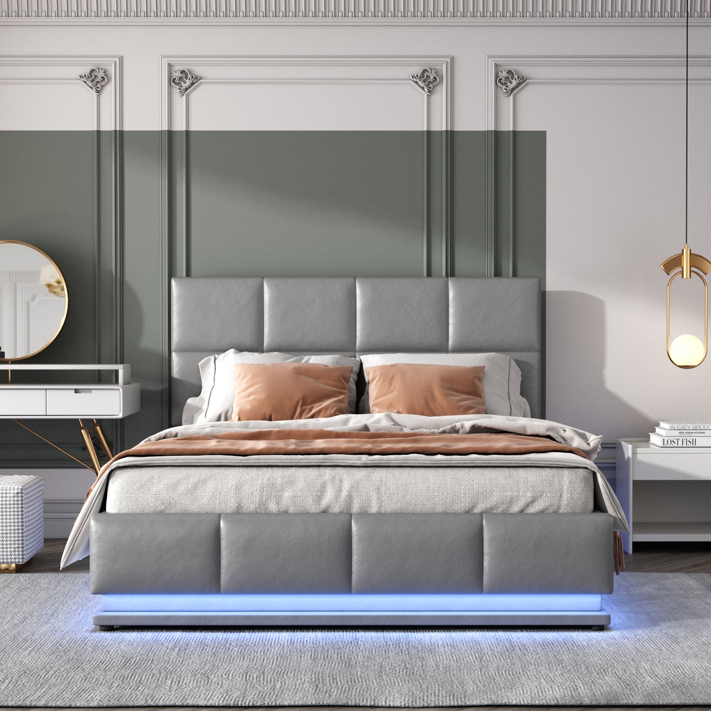 Upholstered Bed 140x200 Cm With LED Lighting & Hydraulically Liftable Bed Storage Space, Bed Base & Slatted Frame Cover Made Of Leather Double Bed Youth Bed Grey