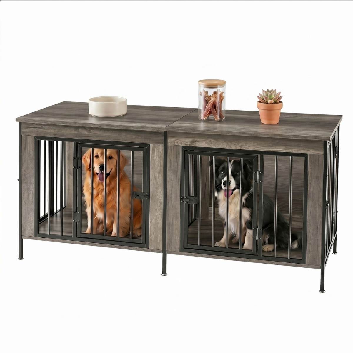 Double Dog Crate Furniture With Divider, Heavy Duty Pet Kennel End Table TV Stand, Extra Large Double Door