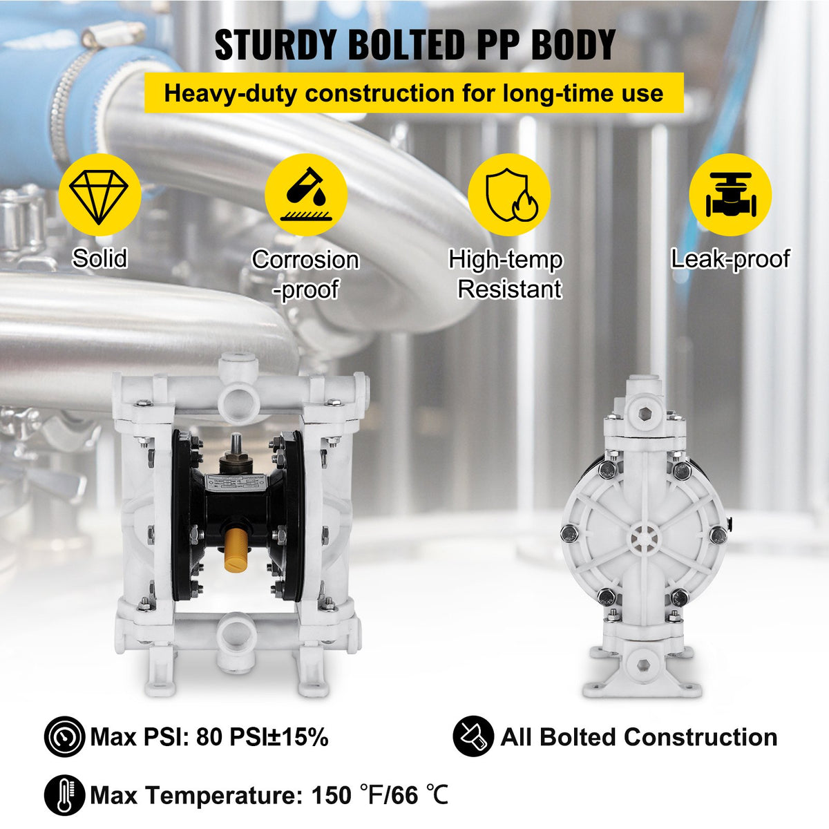 Air-Operated Double Diaphragm Pump, 1/2 In Inlet & Outlet, Polypropylene Body, 2.5 GPM & Max 80PSI, PTFE Diaphragm Pneumatic Transfer Pump For Petroleum, Diesel, Oil & Low Viscosity Fluids