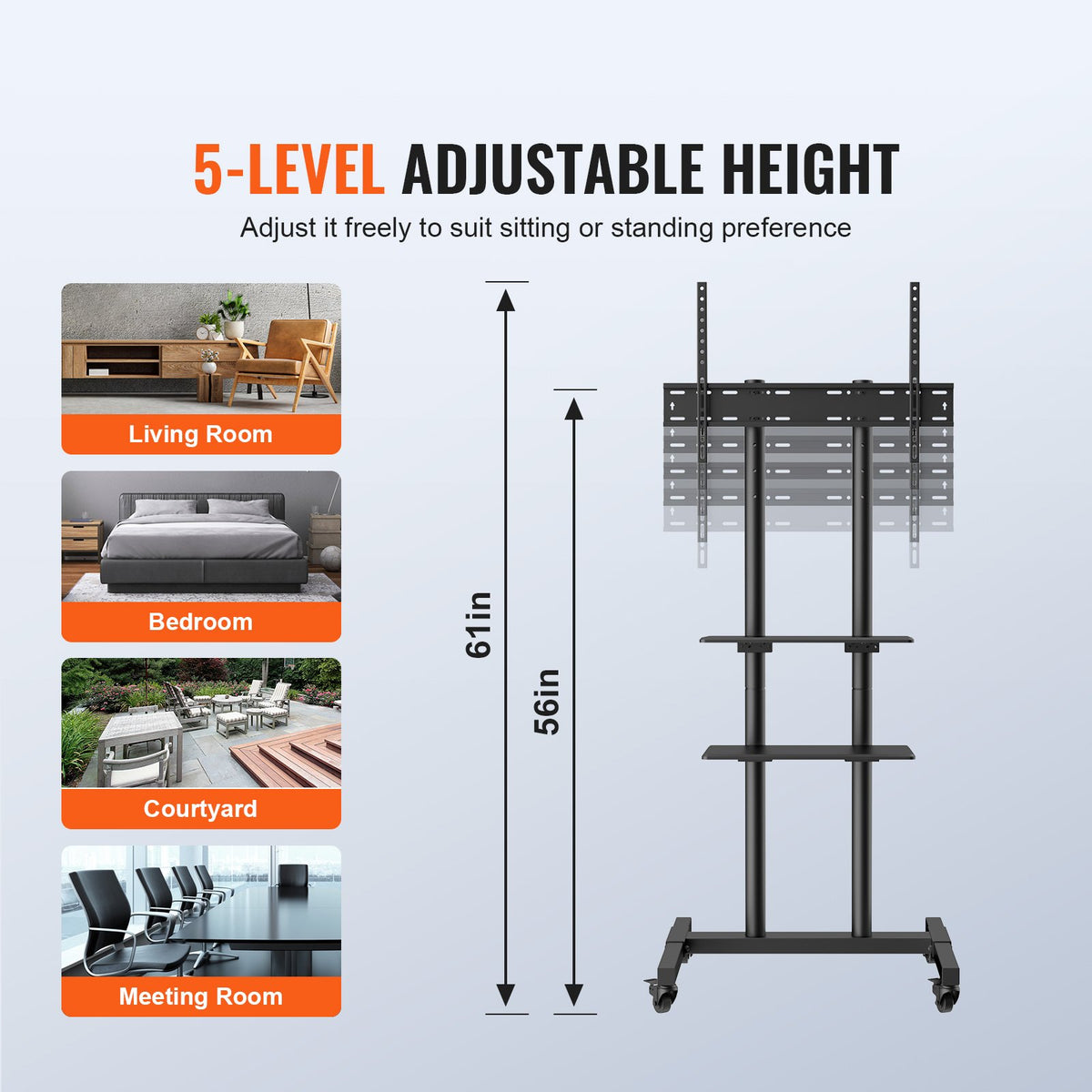 Mobile TV Stand, Mobile TV Cart For 32 To 70 Inch TVs, Height Adjustable Portable TV Stand With Wheels, Double Tray For Audio-Visual Devices, Rolling TV Stand With Mount For Bedroom, Living Room