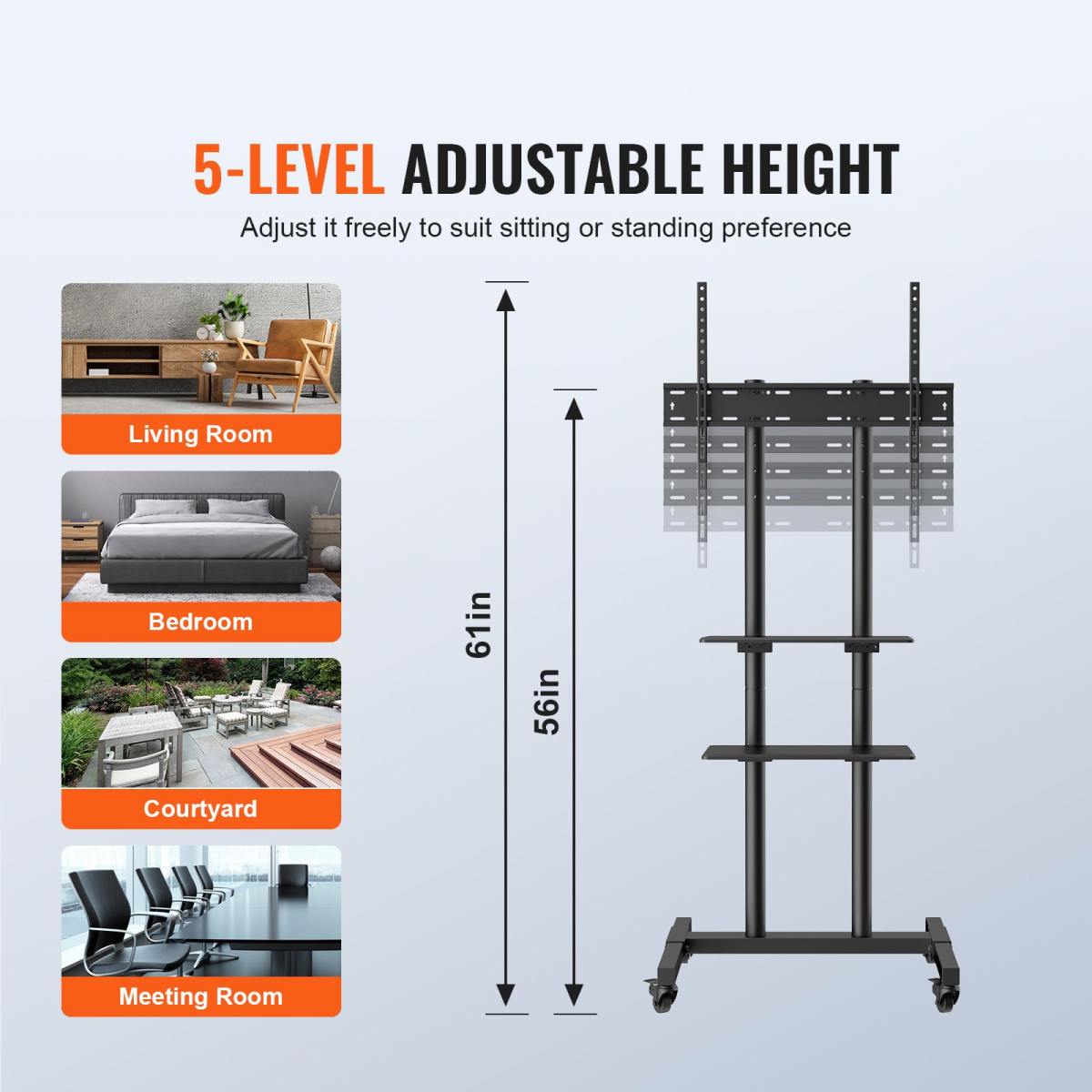 Mobile TV Stand, Mobile TV Cart For 32 To 70 Inch TVs, Height Adjustable Portable TV Stand With Wheels, Double Tray For Audio-Visual Devices, Rolling TV Stand With Mount For Bedroom, Living Room