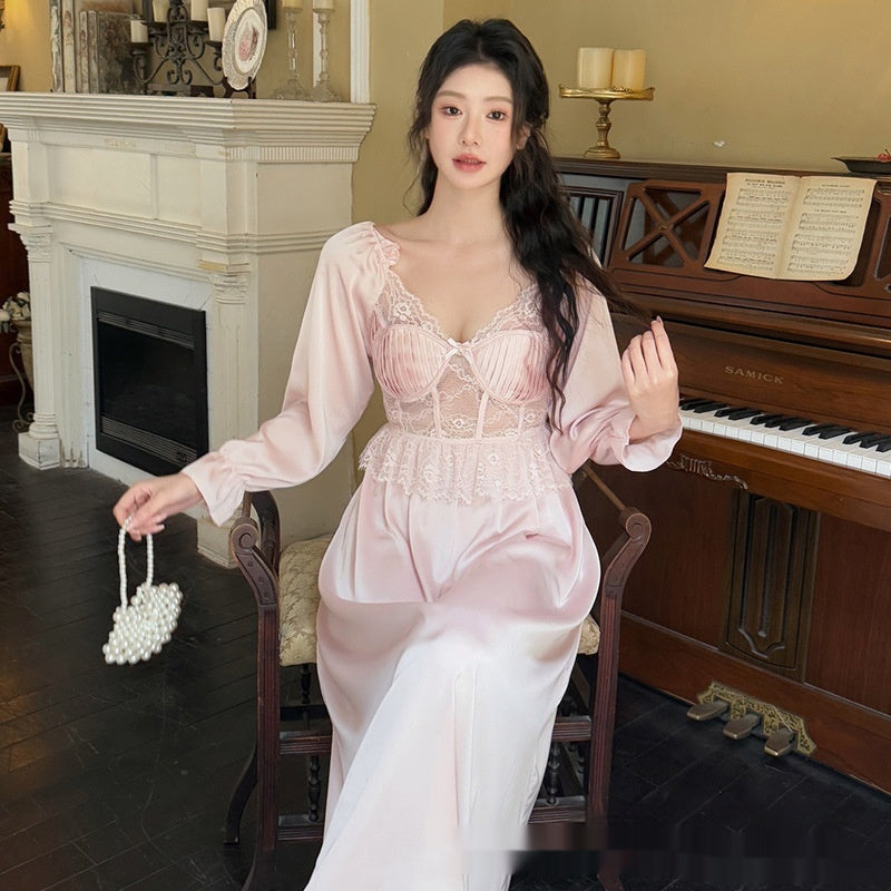 French Royal Style Sweet Beauty Artificial Silk Spring And Summer With Chest Pad Solid Color Long Sleeve Nightdress
