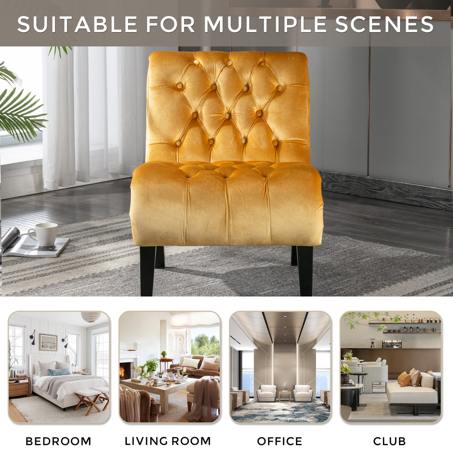 COOLMORE Modern Velvet Armless Accent Living Room Chair Leisure Chair,Upholstered Fabric Button Comfortable Chair With Wooden Legs For Bedroom, Living Room, Office Mustard Velvet