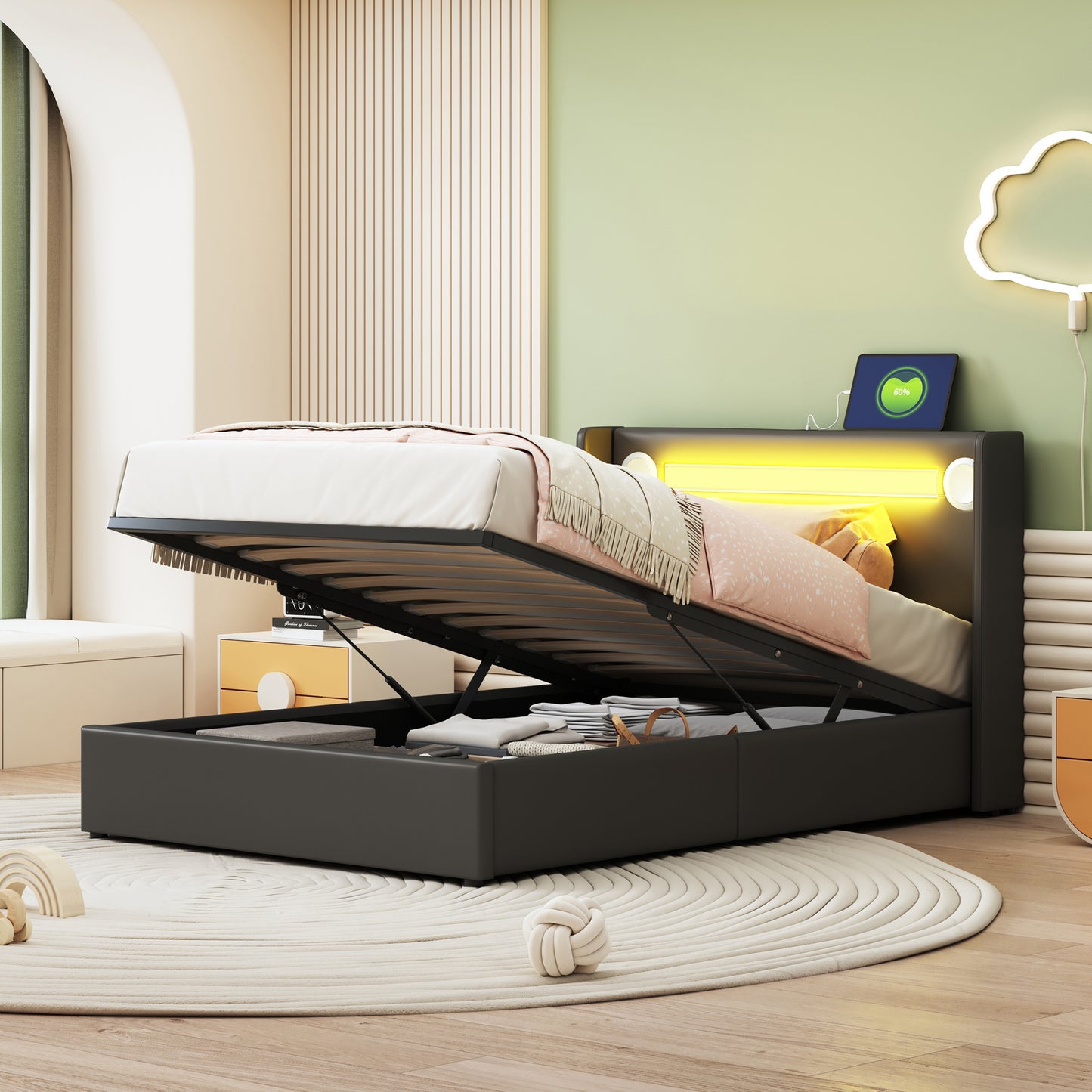 Upholstered Bed Cot 90x200 Bed With LED Light Strip, Bluetooth Player And USB Charging, PU Leather Storage Bed, Loft Bed Box, Youth Bed With Slatted Frame