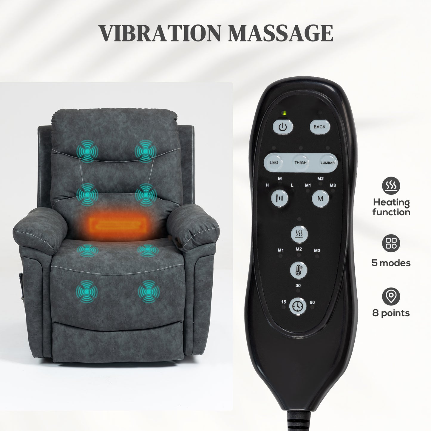 Power Lift Recliner Chair With Vibration Massage, Heat, USB - Grey