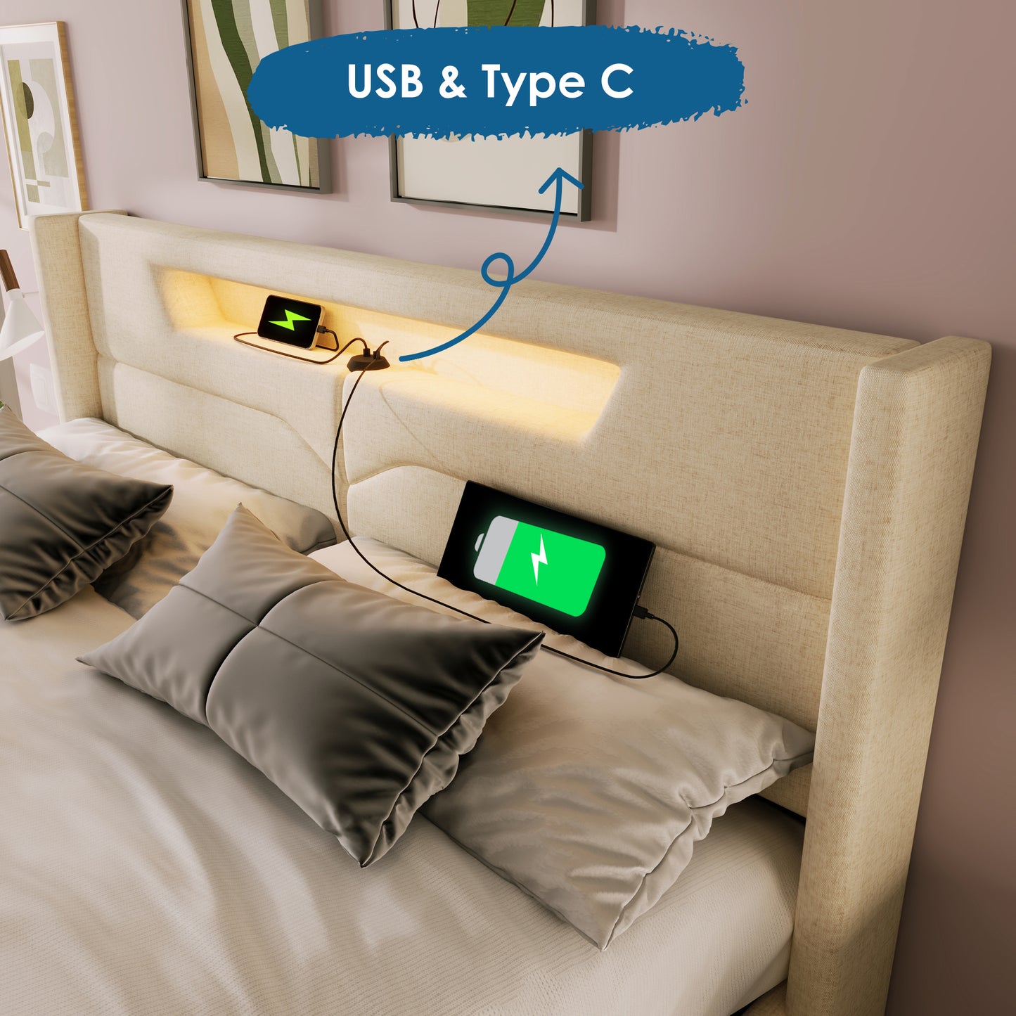 Upholstered Bed LED Double Bed With USB Type C Charging Function And LED Lighting,Storage Beds Bed Frame Made Of Linen Material Youth Bed 160x200 With Slatted Base Without Mattress