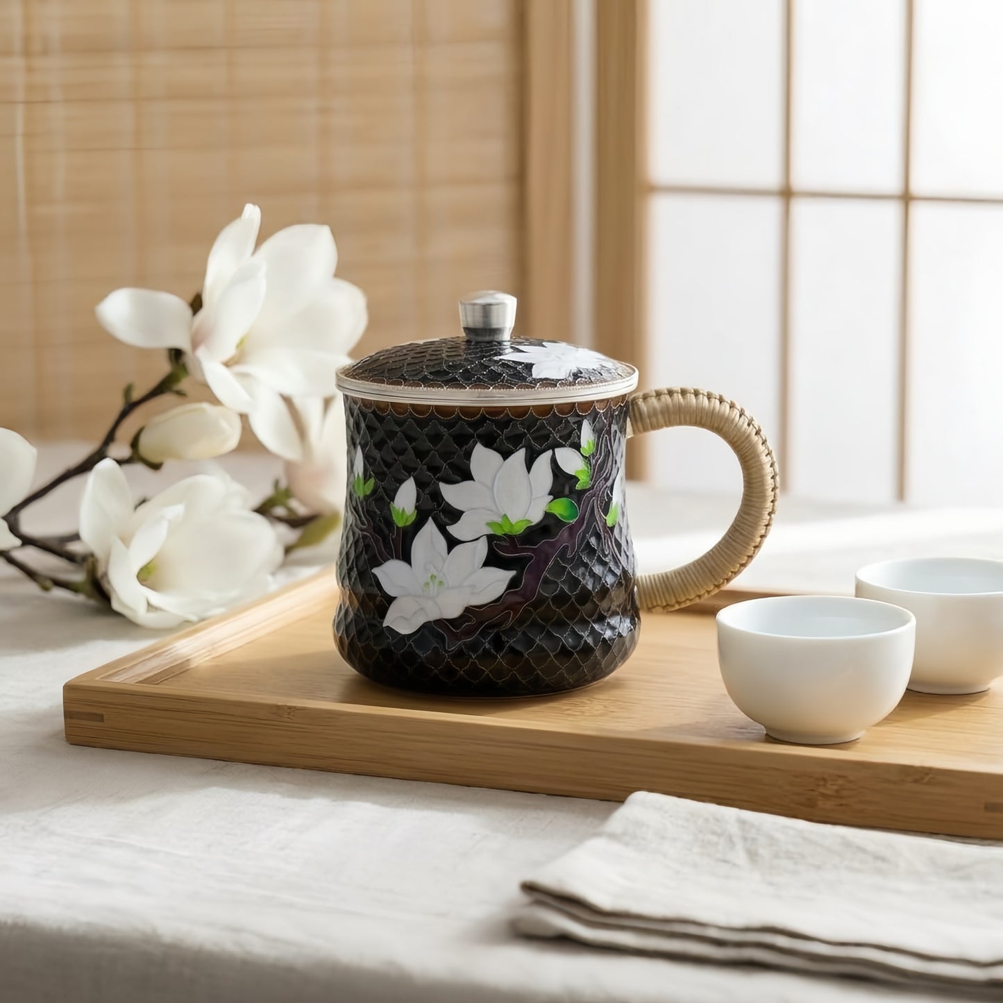 925 Sterling Silver Elegant Cloisonné Tea Mug with White Magnolia Blossoms and Woven Rattan Handle - Handicraft