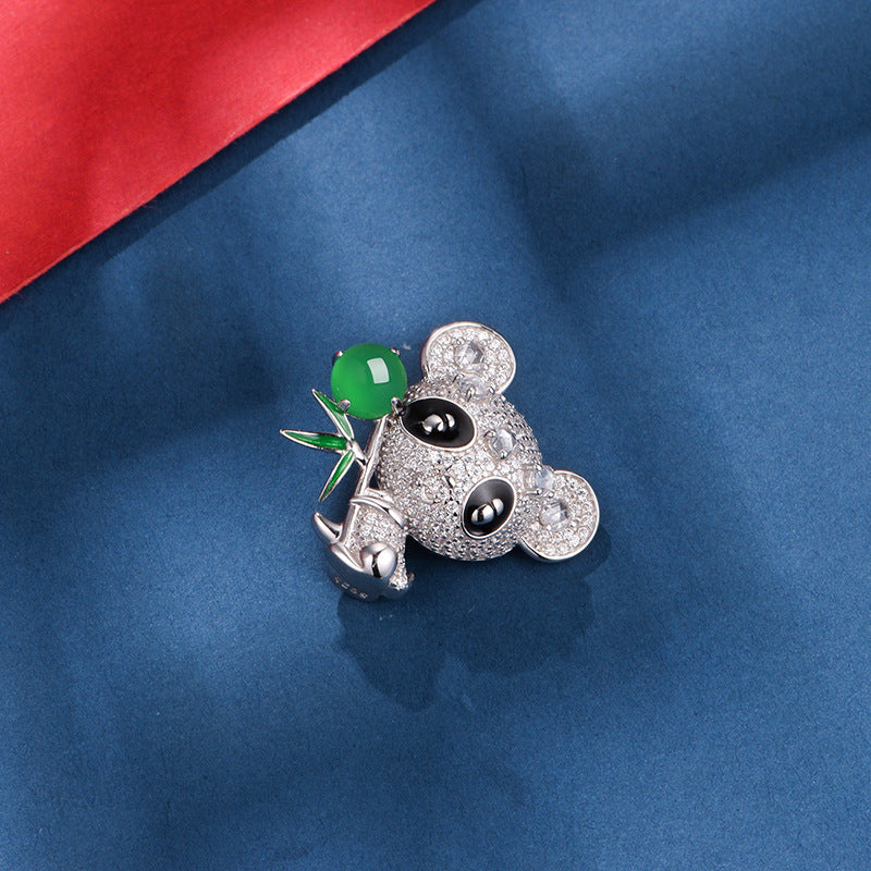 S925 Sterling Silver Panda Brooch 5g 8x6mm Oval Green Chalcedony Pave Rhinestone Platinum Plated Cute Animal Design Gift Box