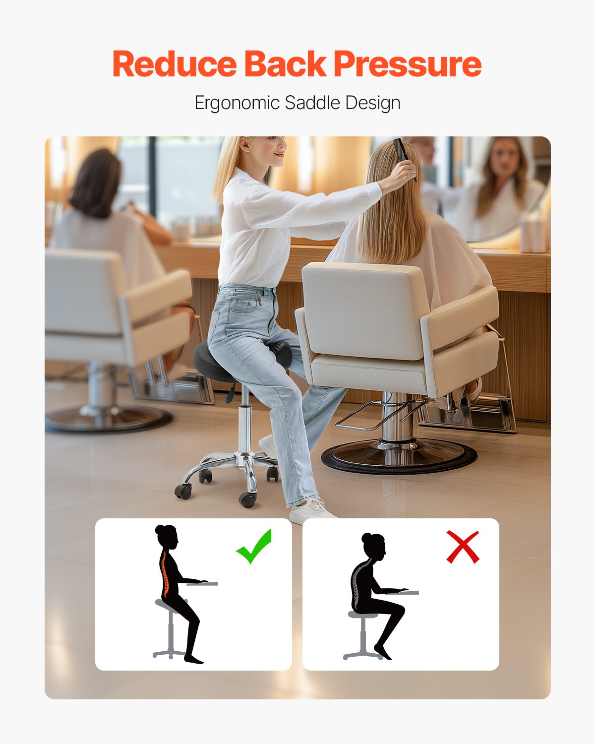 Saddle Stool With Wheels, 450 LBS Weight Capacity Ergonomic Rolling Stool, Height Adjustable Thickened PU Leather Swivel Saddle Chair For Salon, Spa, Massage, Tattoo, Clinic, Black
