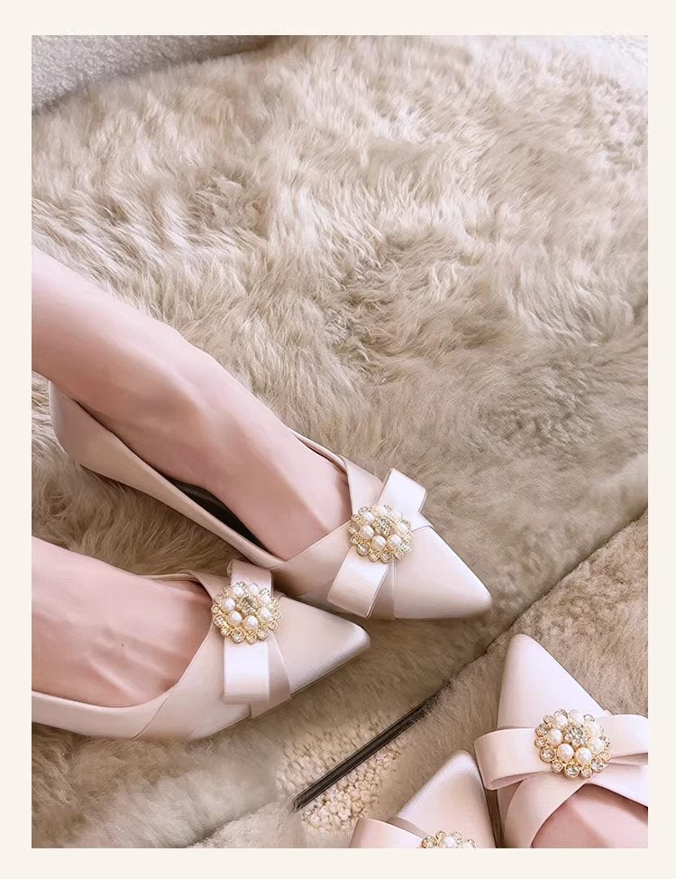 Women Romantic Bridal Glossy Satin Block Heel Pumps, Pointed Toe Bow Pearl Crystal Cluster Decor Slip On Elegant Mid Heel Wedding Banquet Formal Dress Shoes Champagne Nude